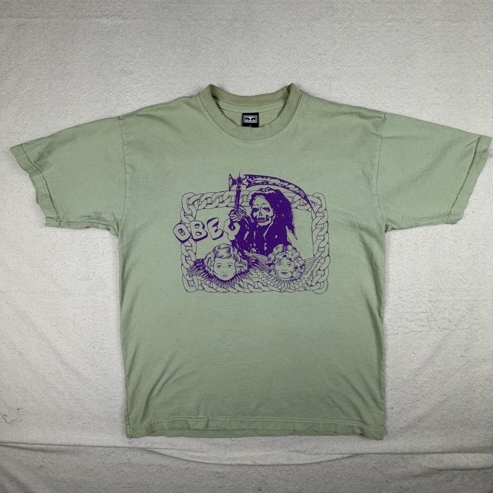 Obey Mens Sage Green Grim Reaper Cherub Graphic T-Shirt Medium
